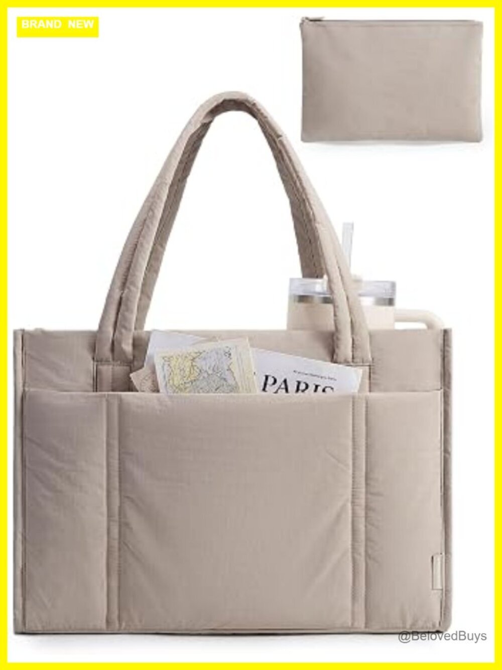 2Pc Quilted Puffer Tote Bag Set with Zipper, Work Teacher Bag Shoulder Handbag